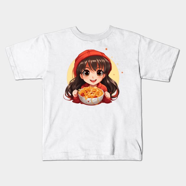 Cute Girl Eating Spaghetti Kids T-Shirt by Riverside-Moon